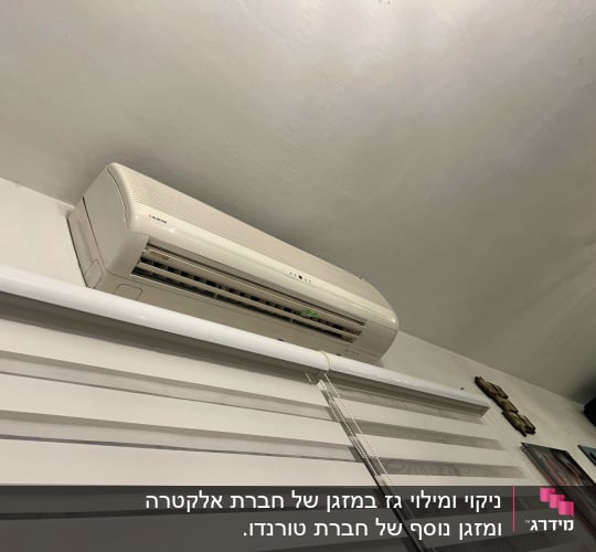 מזגן מותקן על קיר מעל תריסים לבנים